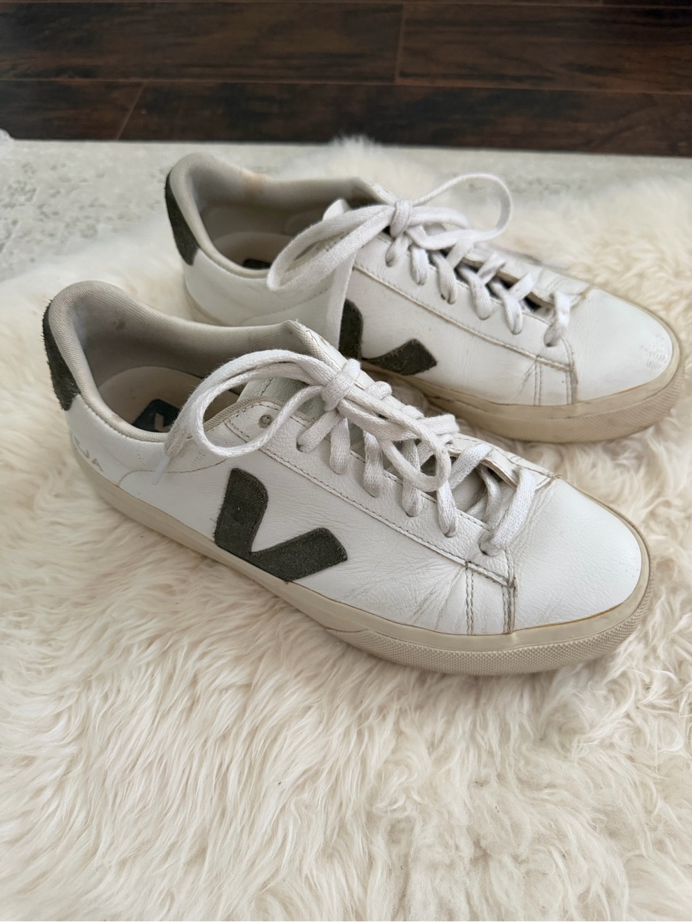 Veja Women's White Leather Sneakers with Olive Suede V